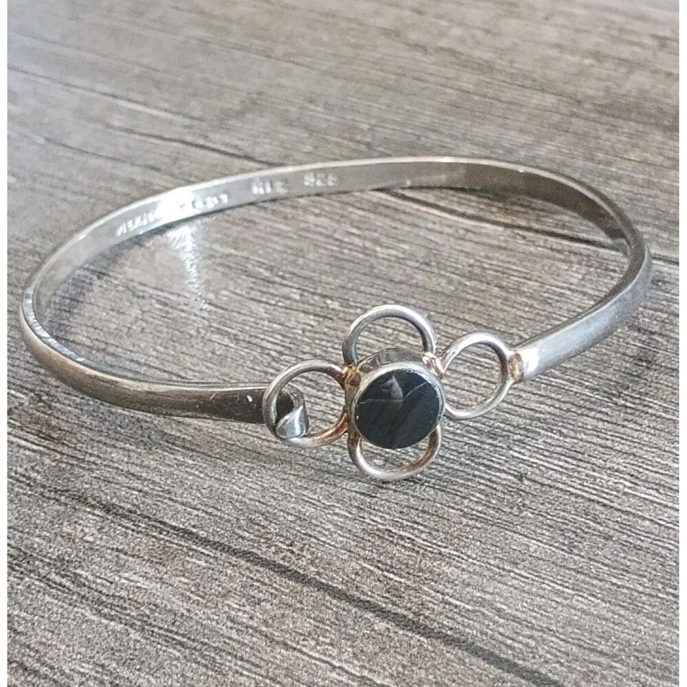 Taxco Mexico Onyx Sterling Silver TL-27 RL2 925 Vintage Bangle Tested